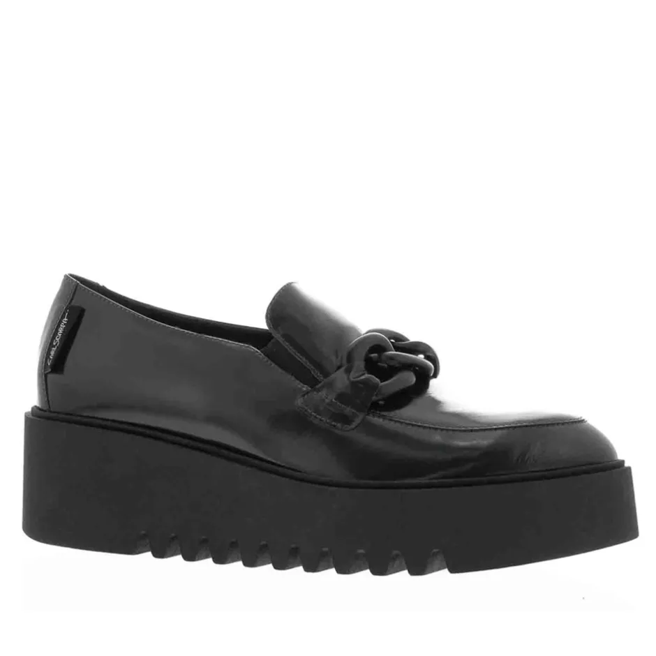 Lizi Black Leather Chain Wedge Loafers<Carl Scarpa New